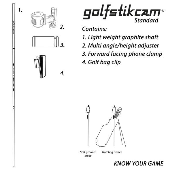 Components of the Golfstikcam standard for golf swing analysis with mobile phone or GoPro camera