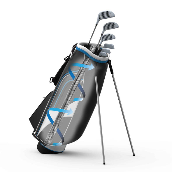 Golf bag dryer in bag showing circulation of the air. Dries by adsoption from Dryisotope
