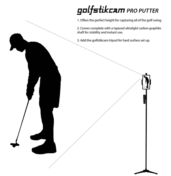 Golfstikcam Pro putter in use for capturing putting position with a mobile phone or GoPro on a golfstikcam