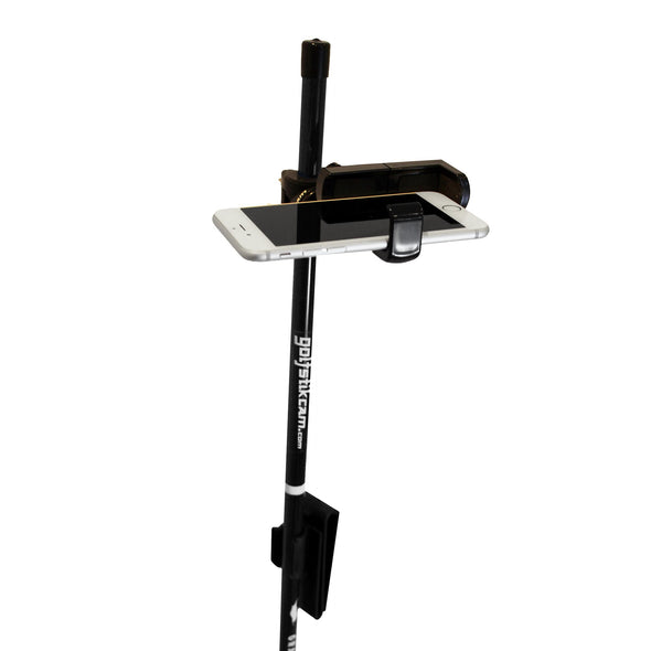 The Golfstikcam Pro putter in downward position showing how it takes video of the putt action with a mobile phone or a GoPro camera